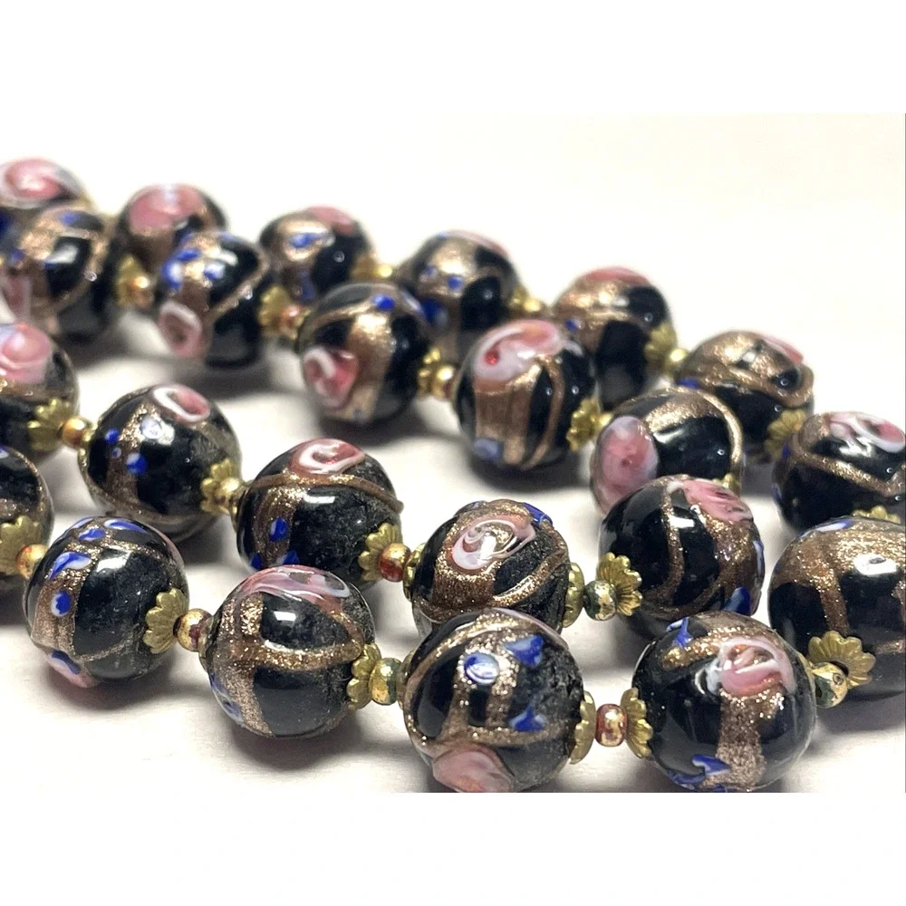 Vintage Venetian Wedding Cake Glass Bead Necklace Black Pink Blue Gold 22 inch